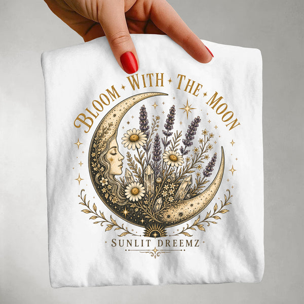 Bloom With The Moon Boho Celestial Tee — Floral Crescent Moon Graphic Shirt