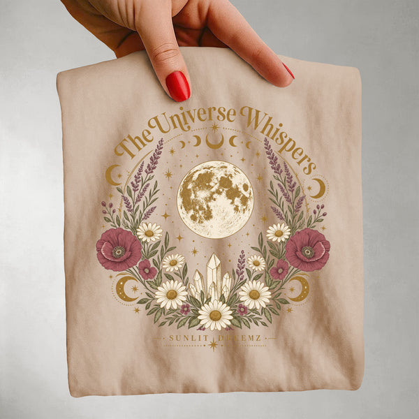 The Universe Whispers Tee — Floral Moon Celestial Shirt