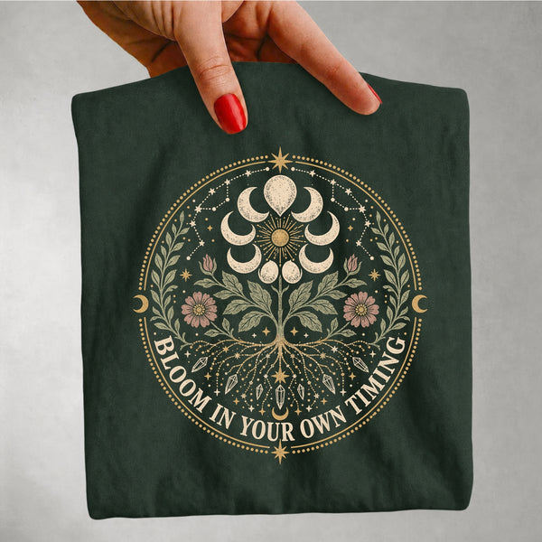 Bloom in Your Own Timing - Moon Phase Botanical Spiritual T-Shirt