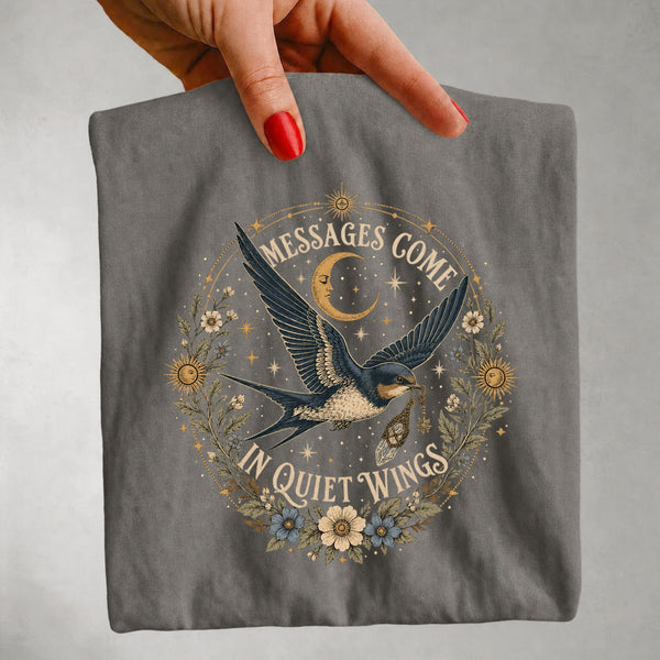 Messages Come in Quiet Wings - Swallow Moon Celestial T-Shirt