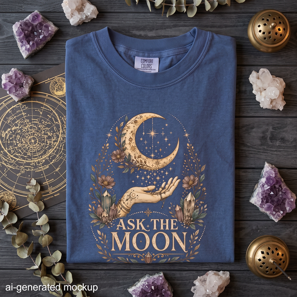 Ask the Moon - Crescent Moon Crystal & Floral T-Shirt
