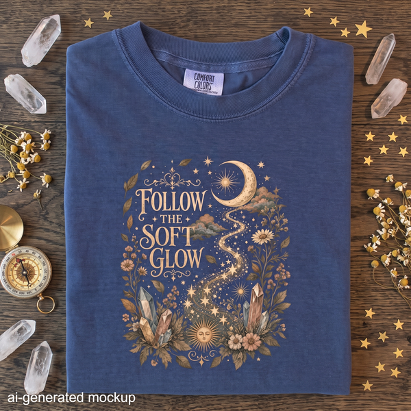 Follow the Soft Glow - Moon Crystal Botanical T-Shirt