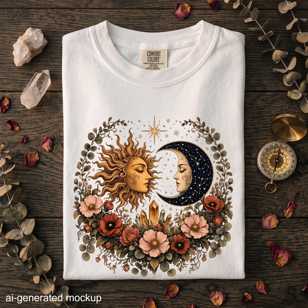 Sun & Moon Garden T-Shirt - Celestial Floral Crystal Shirt