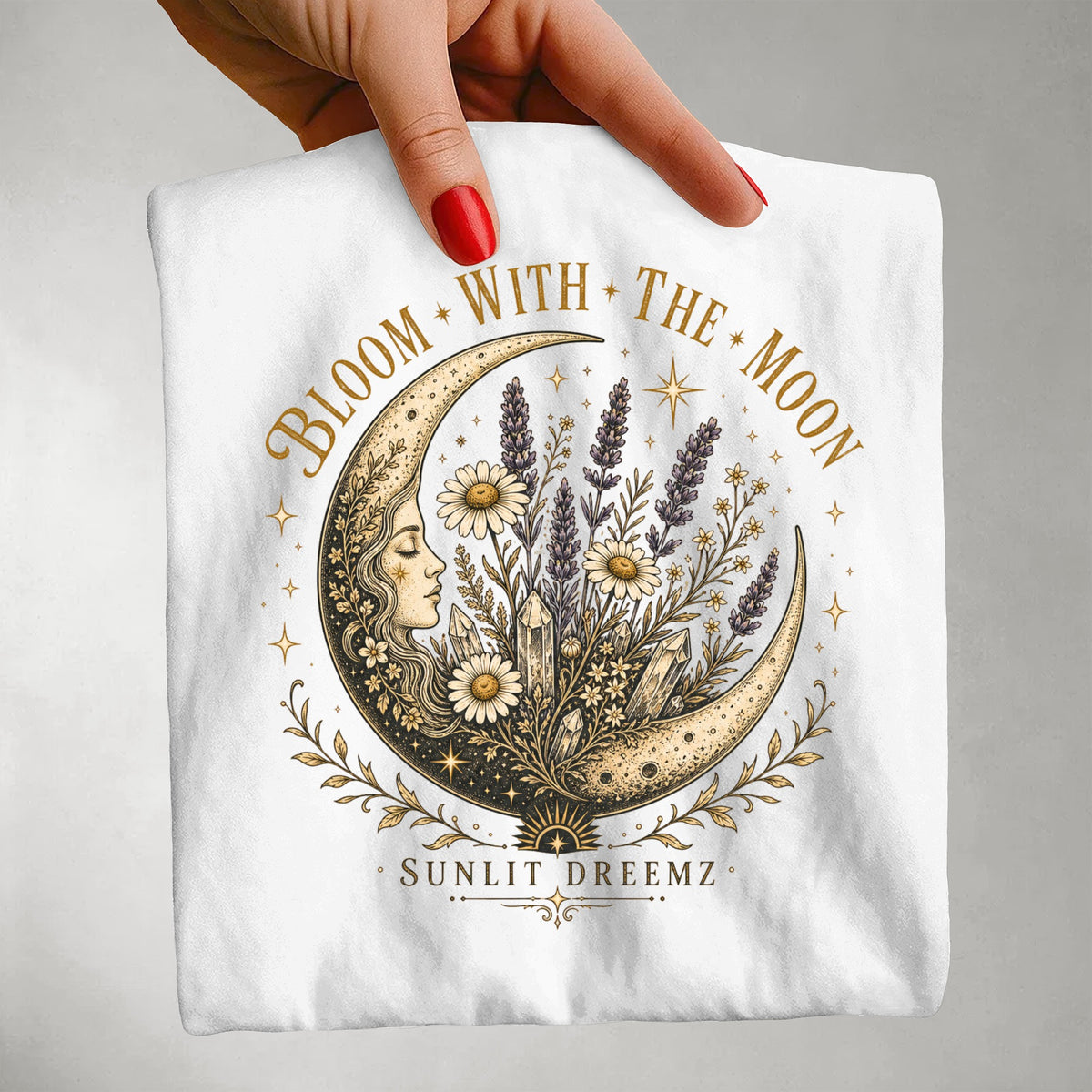 Bloom With The Moon Boho Celestial Tee — Floral Crescent Moon Graphic Shirt