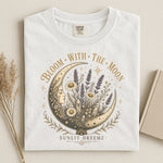 Bloom With The Moon Boho Celestial Tee — Floral Crescent Moon Graphic Shirt