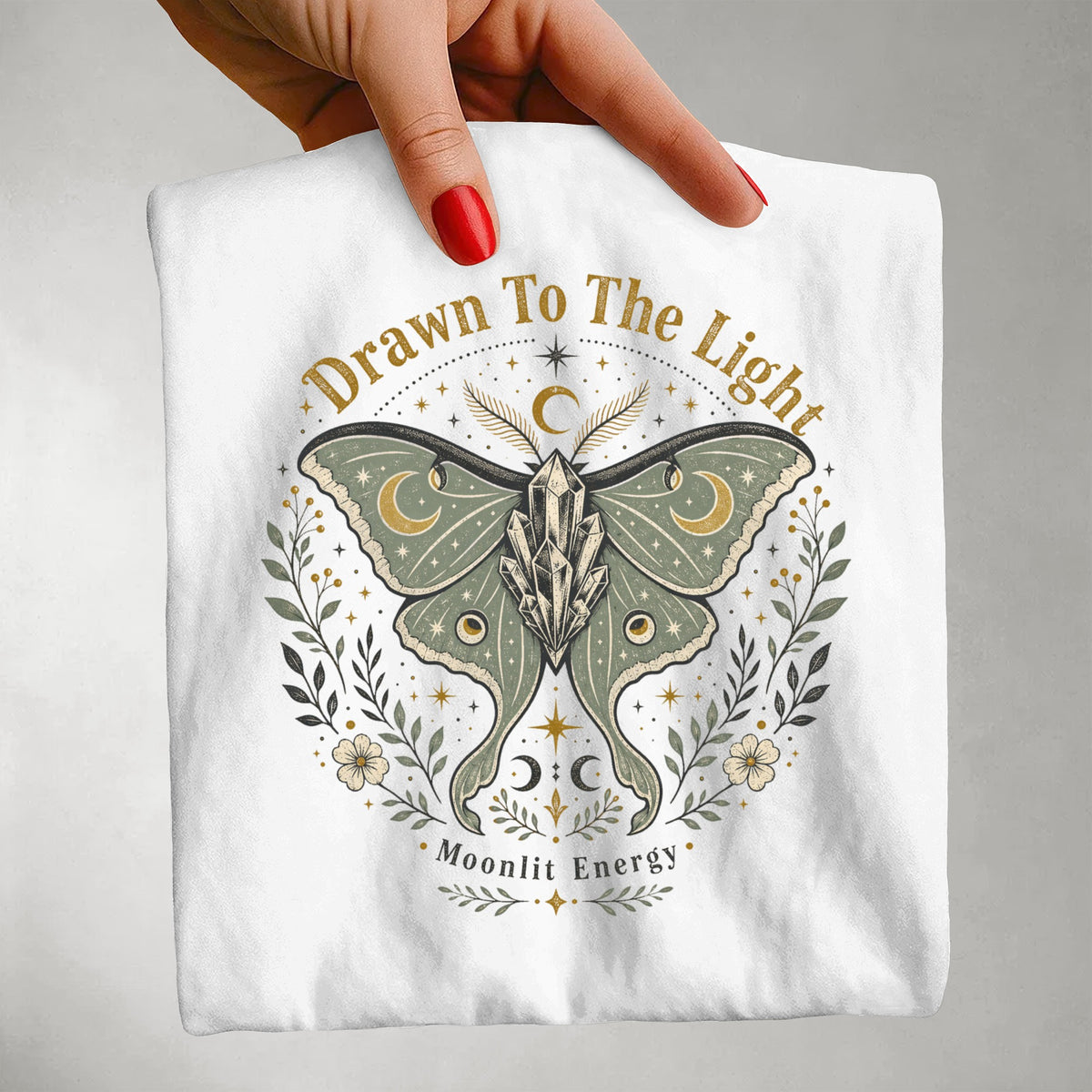 Drawn to the Light Luna Moth Tee — Celestial Botanical Graphic Shirt