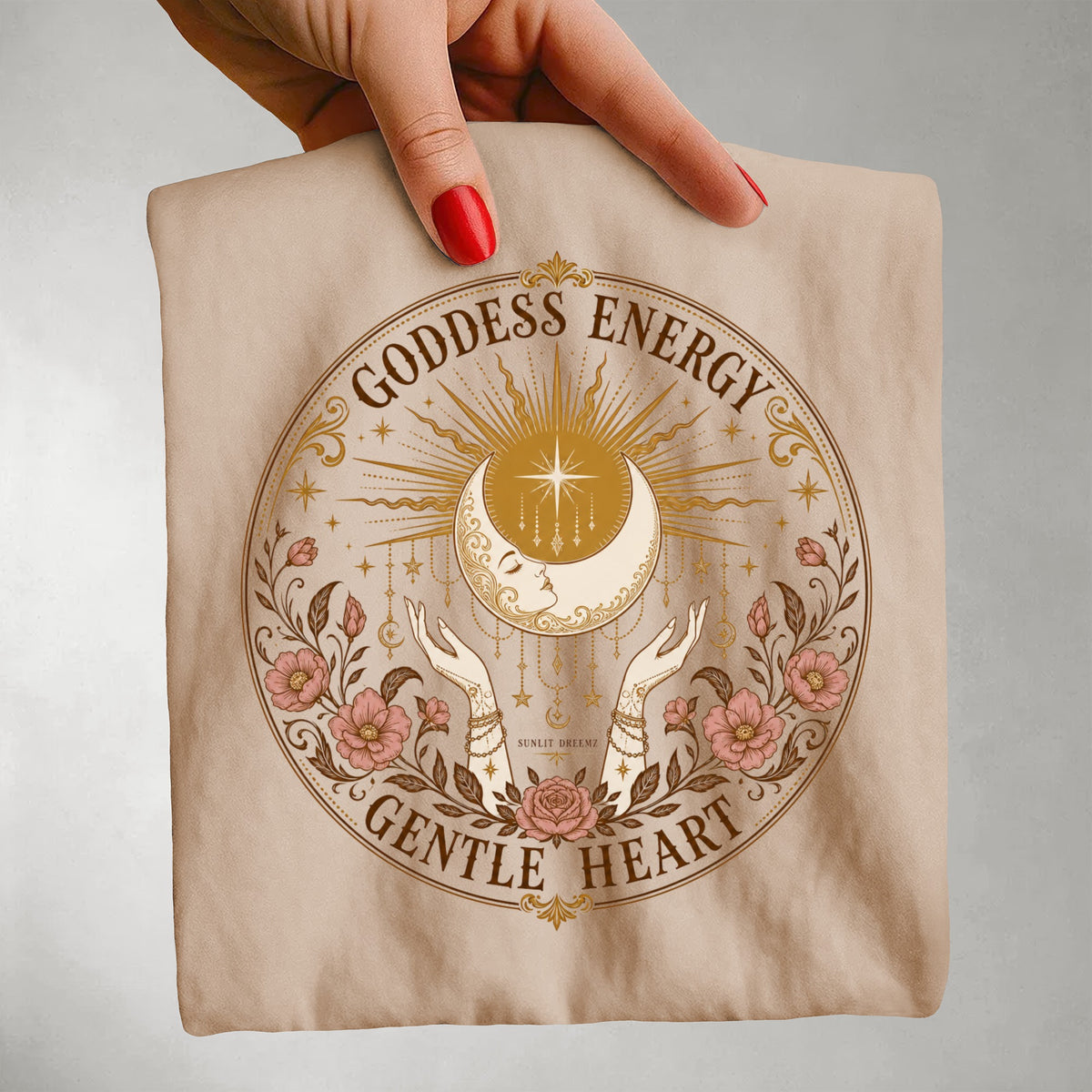 Goddess Energy Celestial Tee — Gentle Heart Moon & Floral Shirt