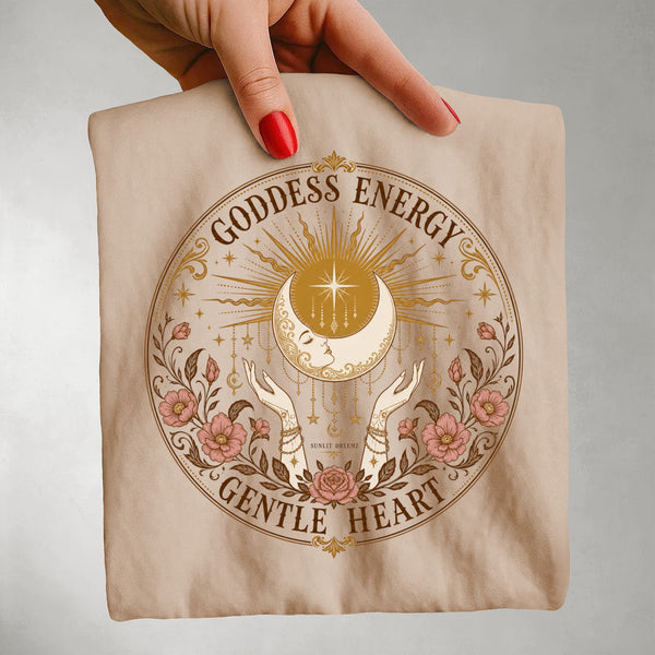 Goddess Energy Celestial Tee — Gentle Heart Moon & Floral Shirt