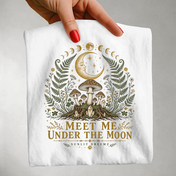 Meet Me Under the Moon Tee — Celestial Mushrooms Botanical Shirt
