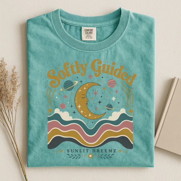 Softly Guided Moon Tee — Retro Celestial T-Shirt