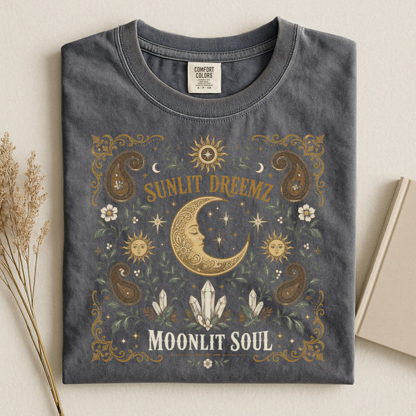 Moonlit Soul Tee — Boho Paisley Moon Celestial Shirt