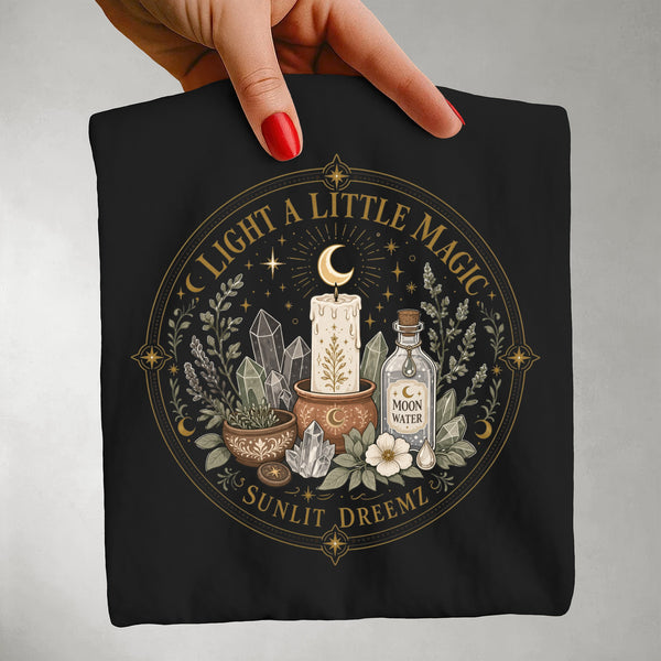 Light a Little Magic Tee — Candle Crystal Moon Water Shirt