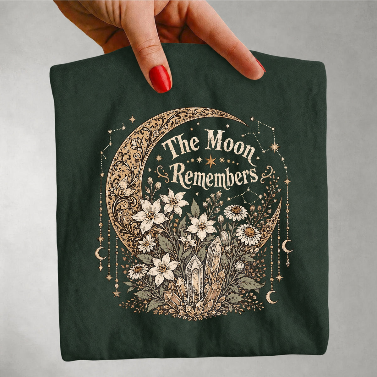 The Moon Remembers - Floral Crescent Moon & Crystal Celestial T-Shirt