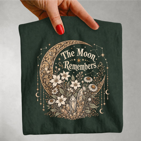 The Moon Remembers - Floral Crescent Moon & Crystal Celestial T-Shirt