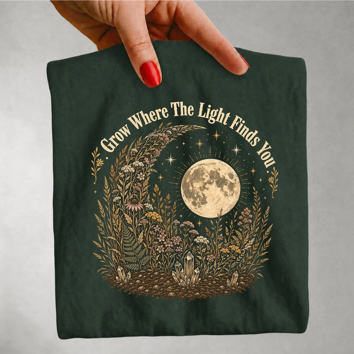 Grow Where the Light Finds You Tee - Moon Wildflower Celestial Graphic T-Shirt