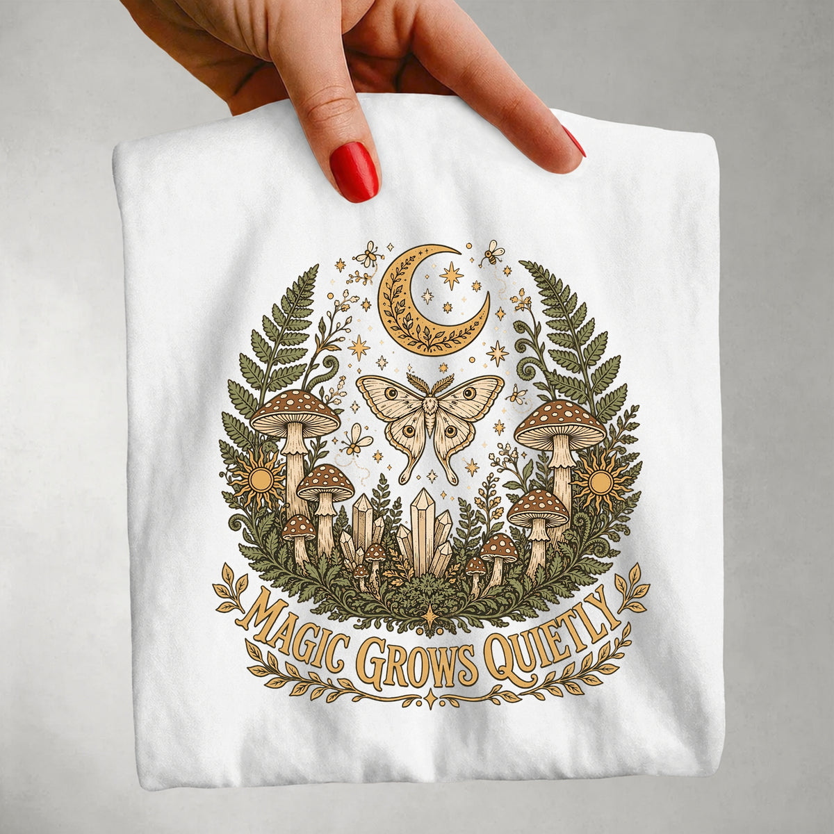 Magic Grows Quietly Tee - Forest Moth Mushroom Celestial Graphic T-Shirt