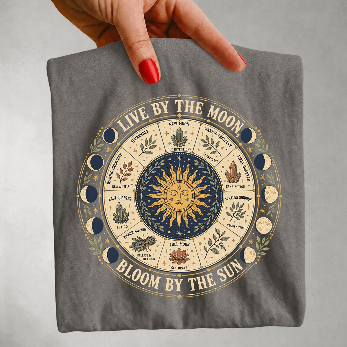 Live by the Moon, Bloom by the Sun Tee - Moon Phase Spiritual Graphic T-Shirt
