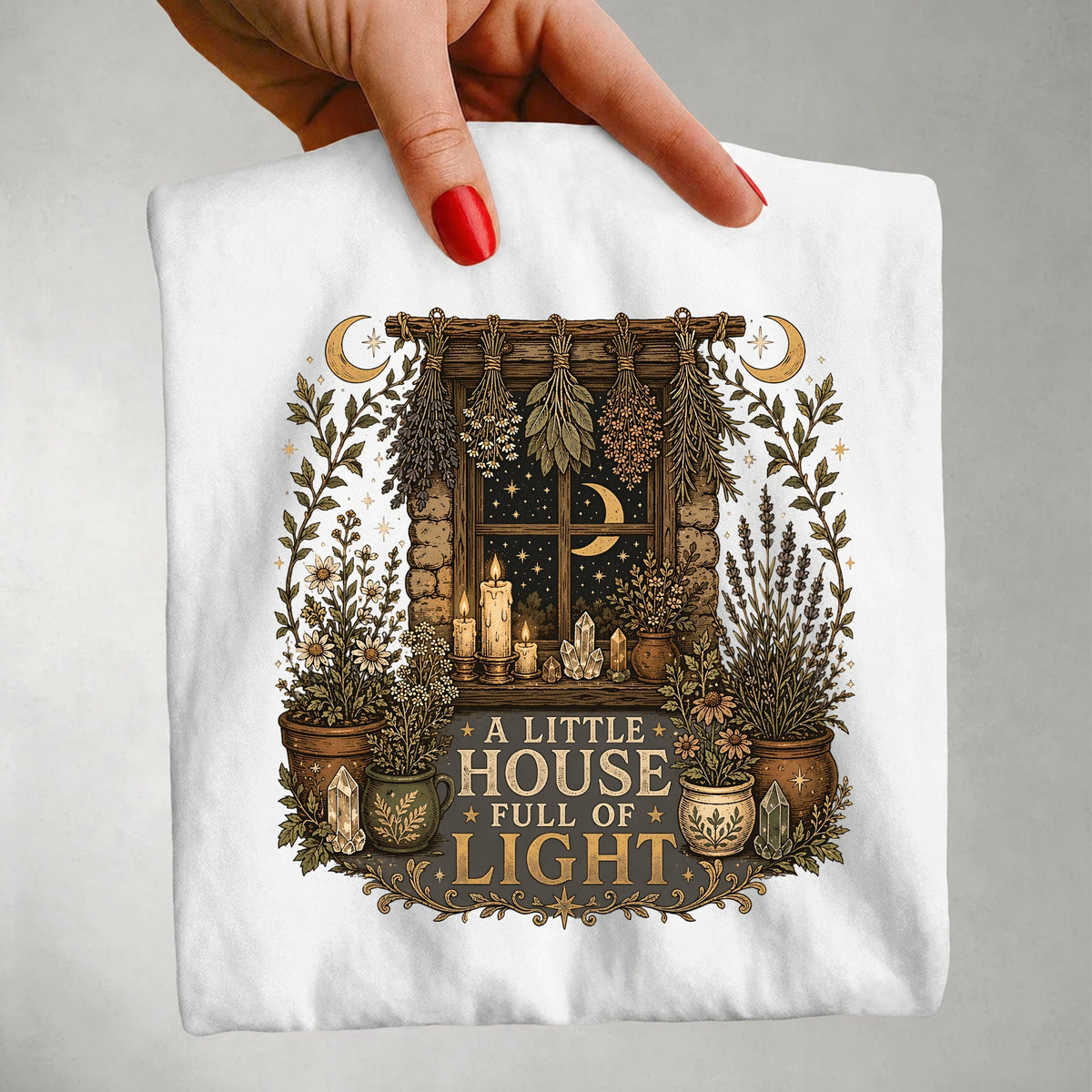 A Little House Full of Light Tee - Cottage Moon Window Botanical Graphic T-Shirt