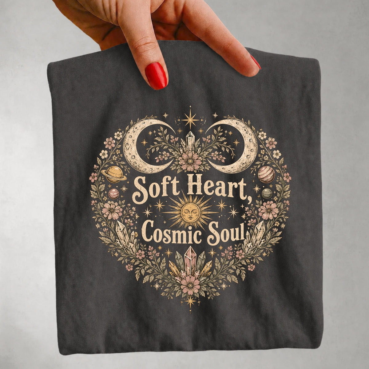 Soft Heart, Cosmic Soul Tee - Celestial Moon Crystal Floral Graphic T-Shirt