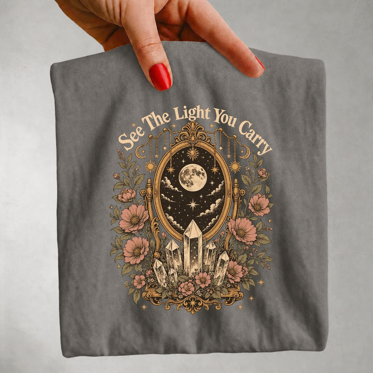 See the Light You Carry - Moon Mirror Crystal Floral T-Shirt