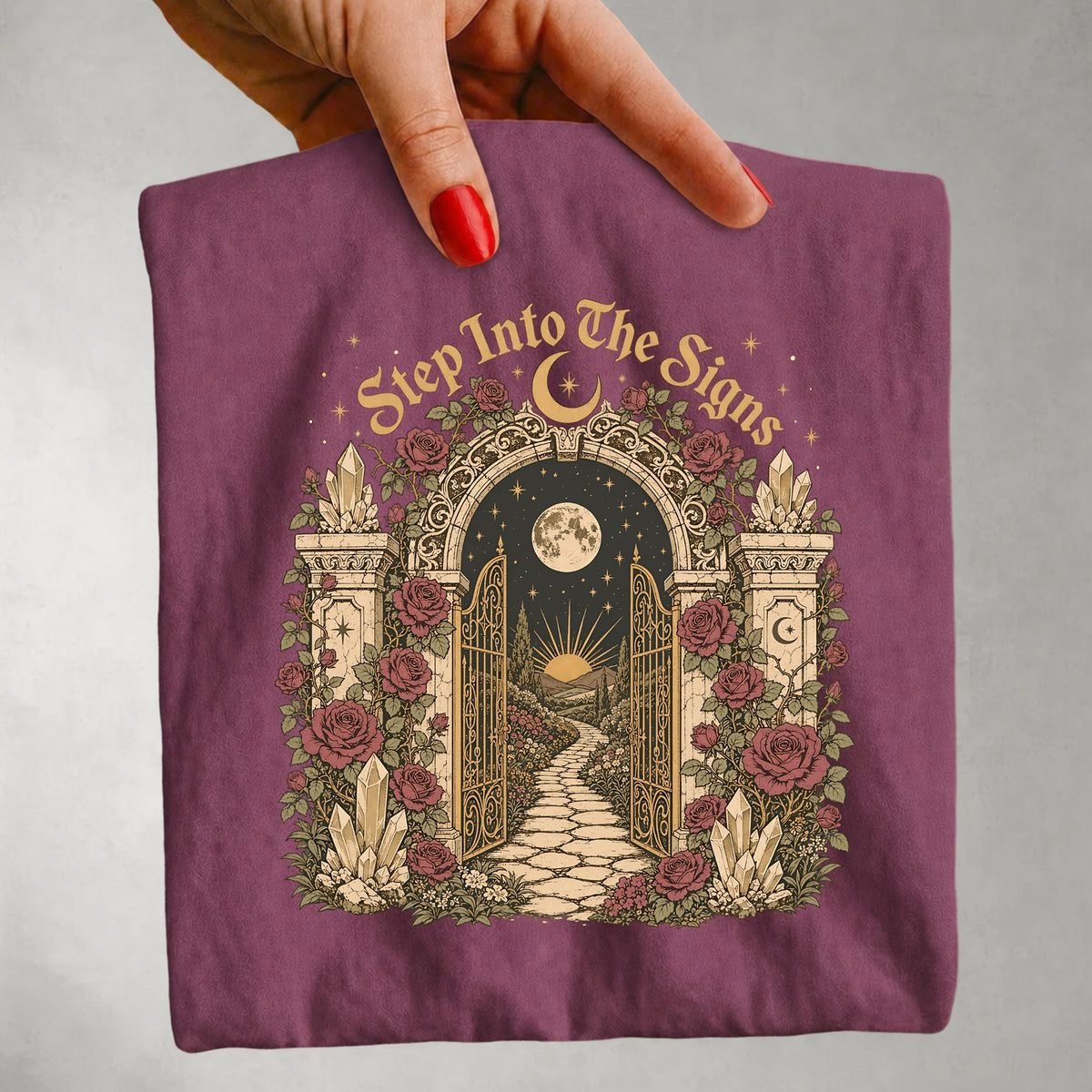 Step Into the Signs - Moonlit Garden Gate Celestial T-Shirt