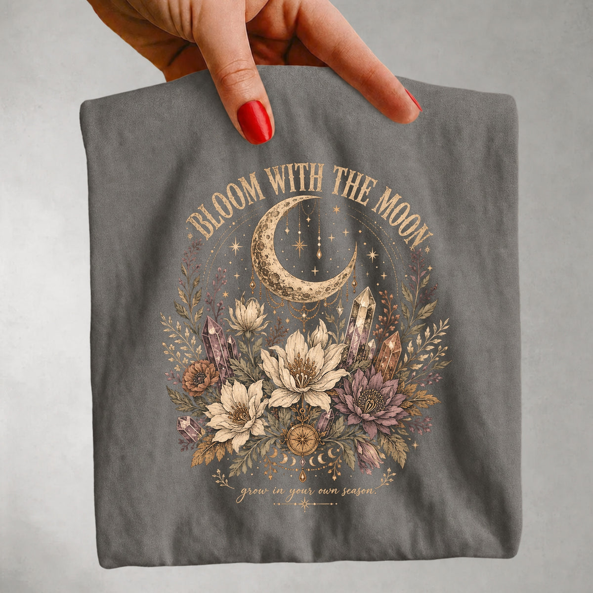 Bloom With the Moon - Floral Crescent Moon & Crystal T-Shirt