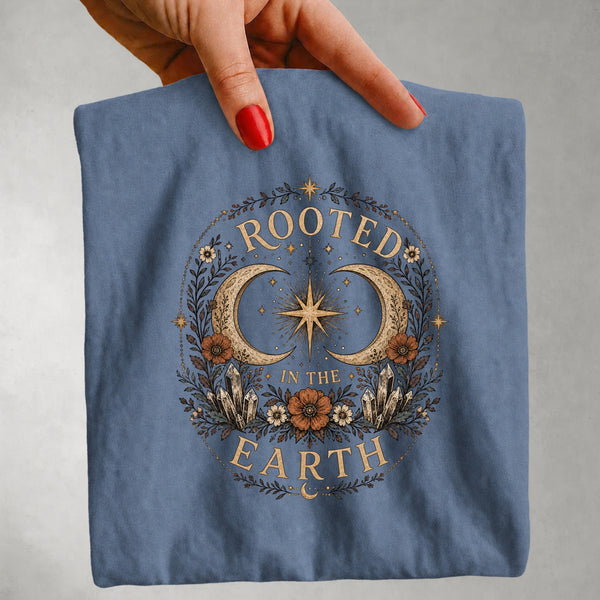 Rooted in the Earth - Crescent Moon Crystal & Floral T-Shirt