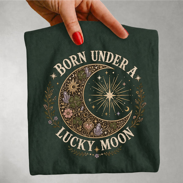 Born Under a Lucky Moon - Clover Crystal Celestial T-Shirt