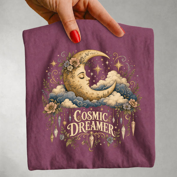 Cosmic Dreamer - Floral Crescent Moon & Crystal T-Shirt