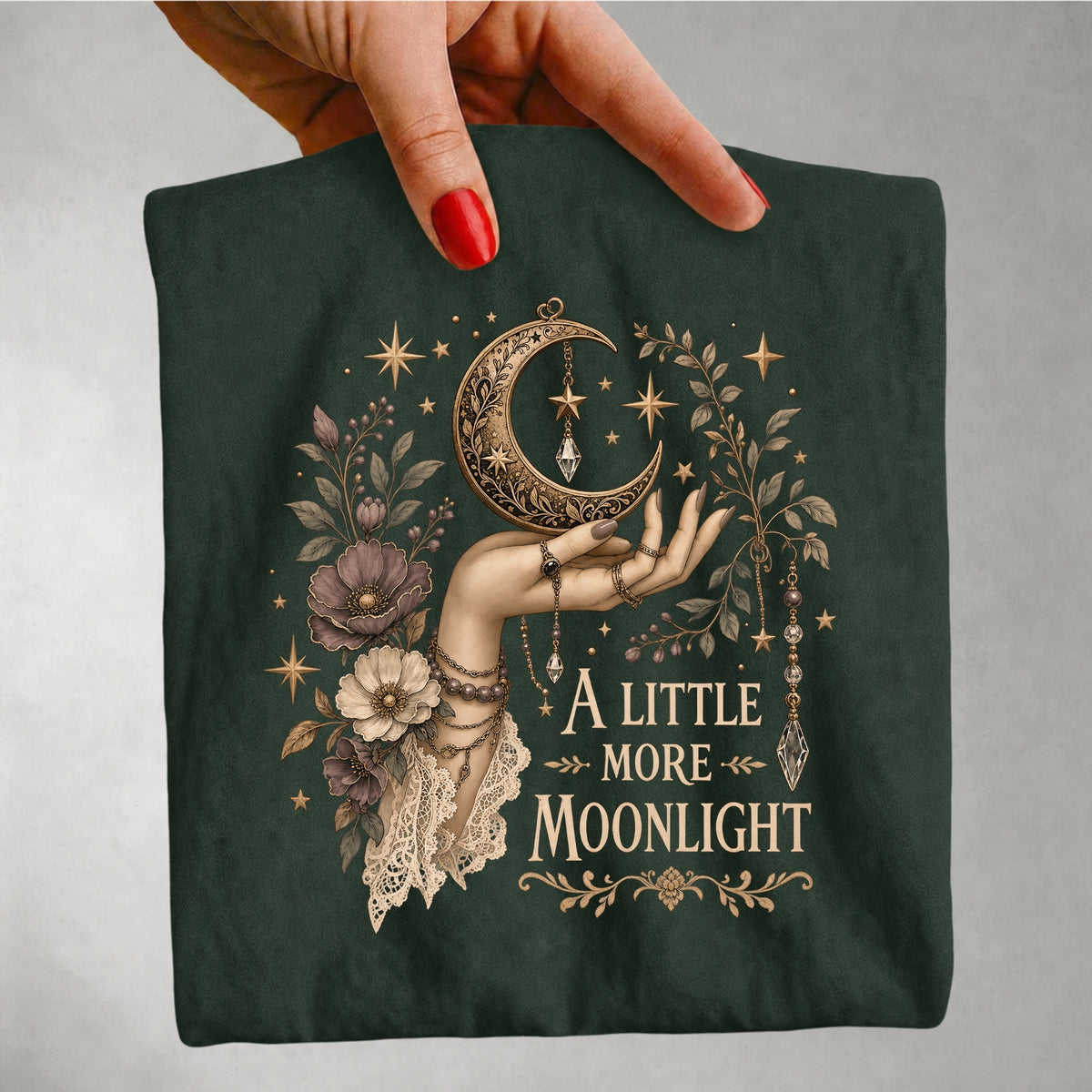 A Little More Moonlight - Crescent Moon Floral Hand T-Shirt