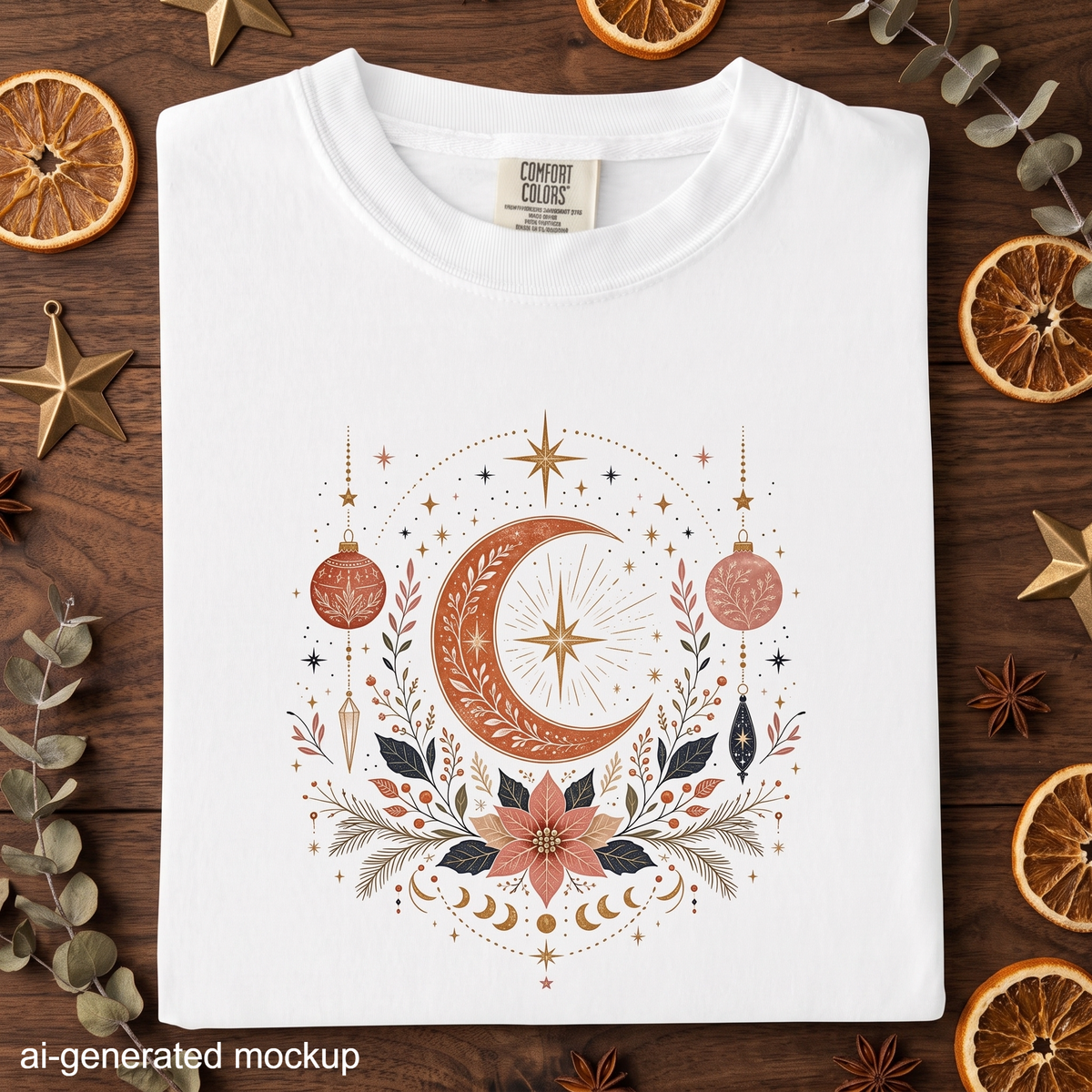 Celestial Christmas Moon - Ornament & Poinsettia T-Shirt