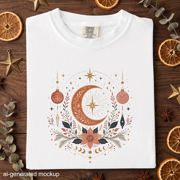 Celestial Christmas Moon - Ornament & Poinsettia T-Shirt