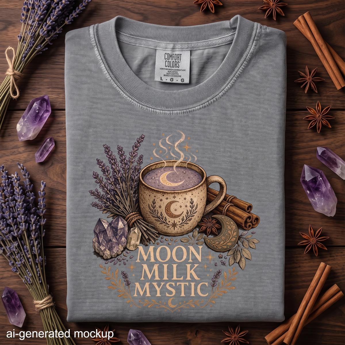 Moon Milk Mystic T-Shirt - Celestial Lavender, Crystal & Cozy Moon Design