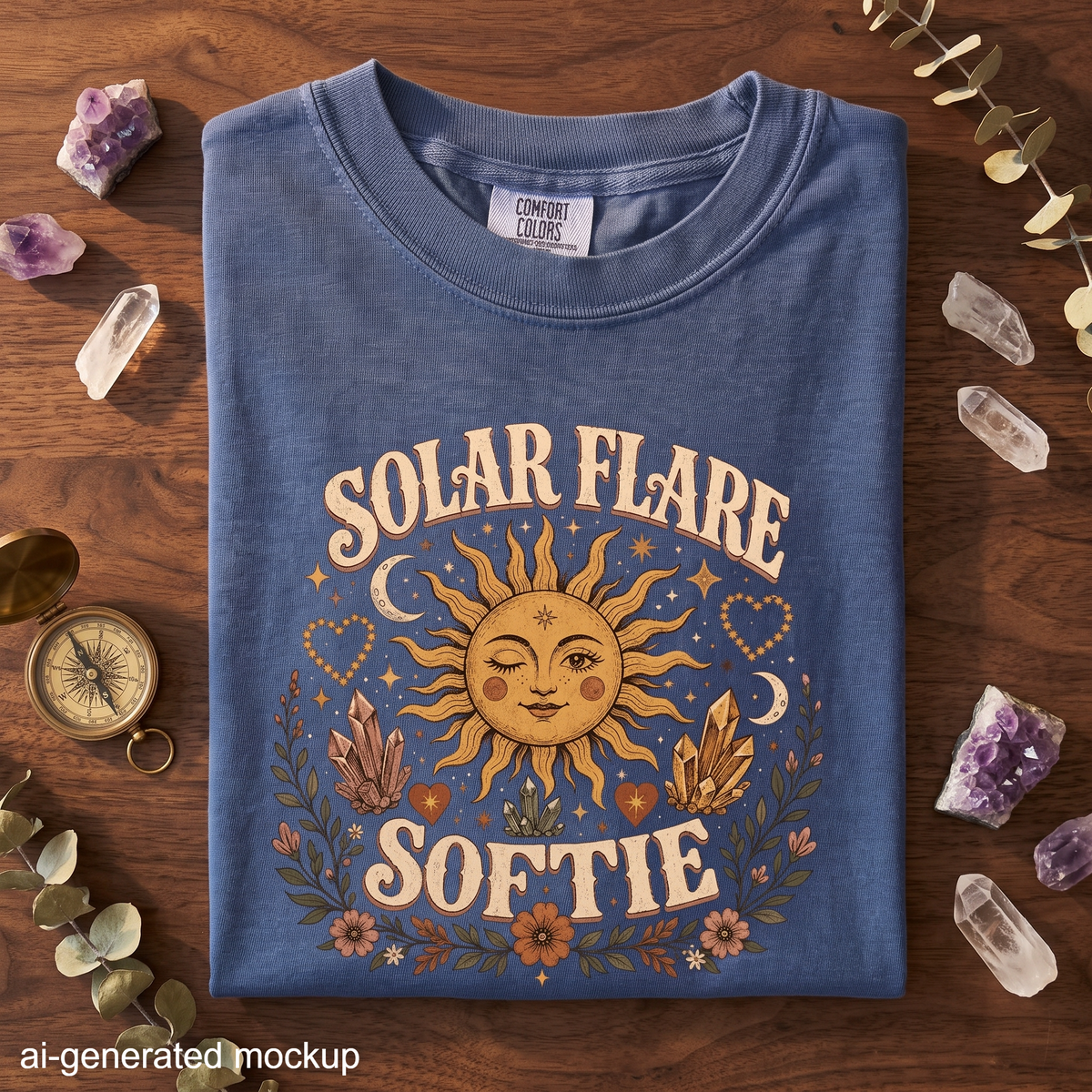 Solar Flare Softie T-Shirt - Whimsical Sun, Moon & Crystal Celestial Design