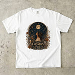 The Cosmos Knows My Name T-Shirt - Celestial Woman, Moon & Wildflower Design