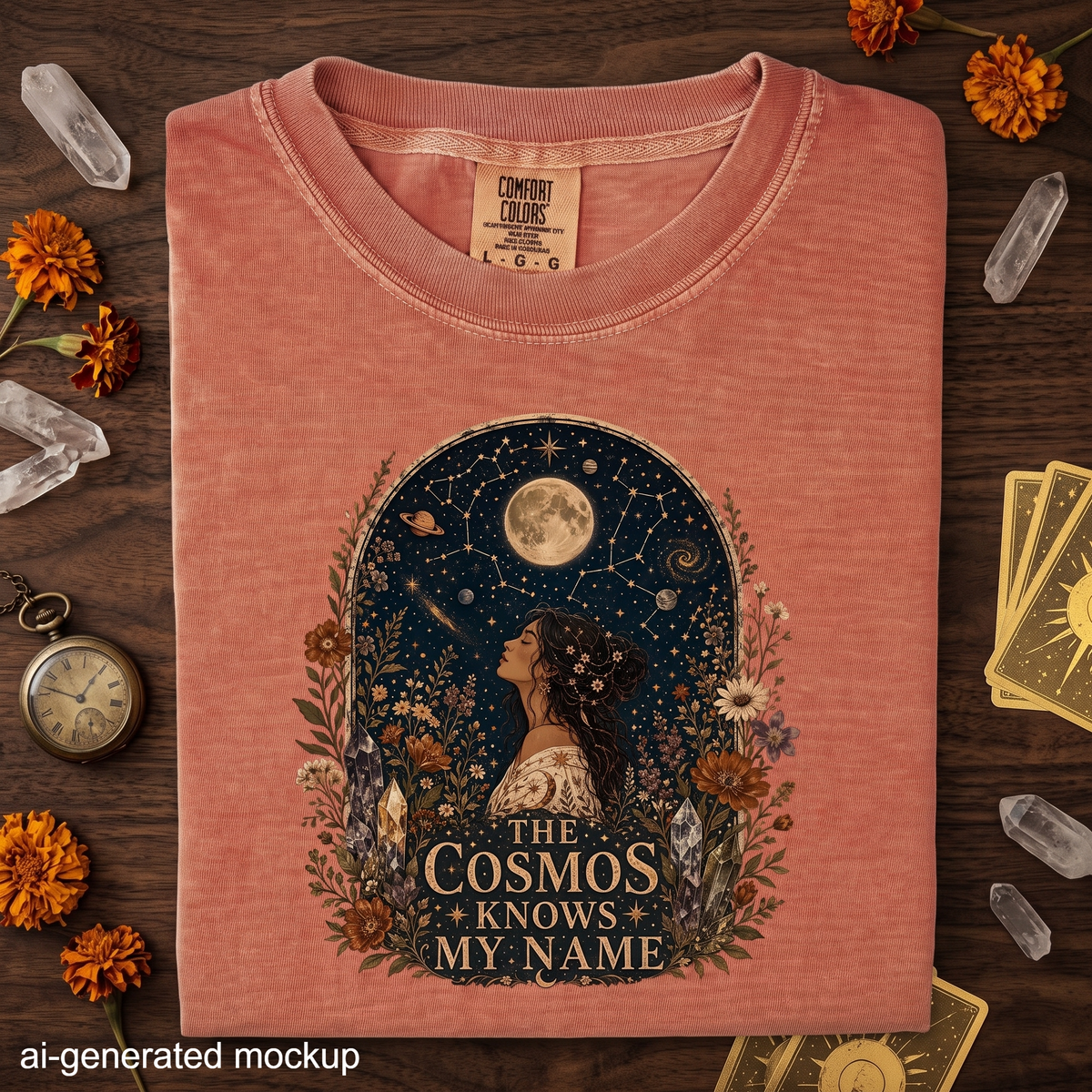 The Cosmos Knows My Name T-Shirt - Celestial Woman, Moon & Wildflower Design