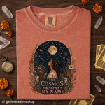 The Cosmos Knows My Name T-Shirt - Celestial Woman, Moon & Wildflower Design