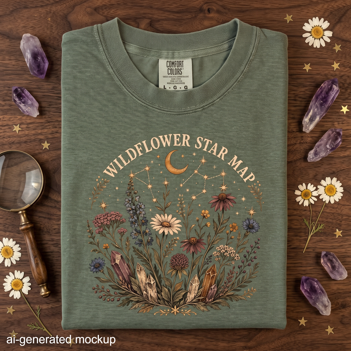Wildflower Star Map T-Shirt — Celestial Flowers, Constellations & Crystal Design