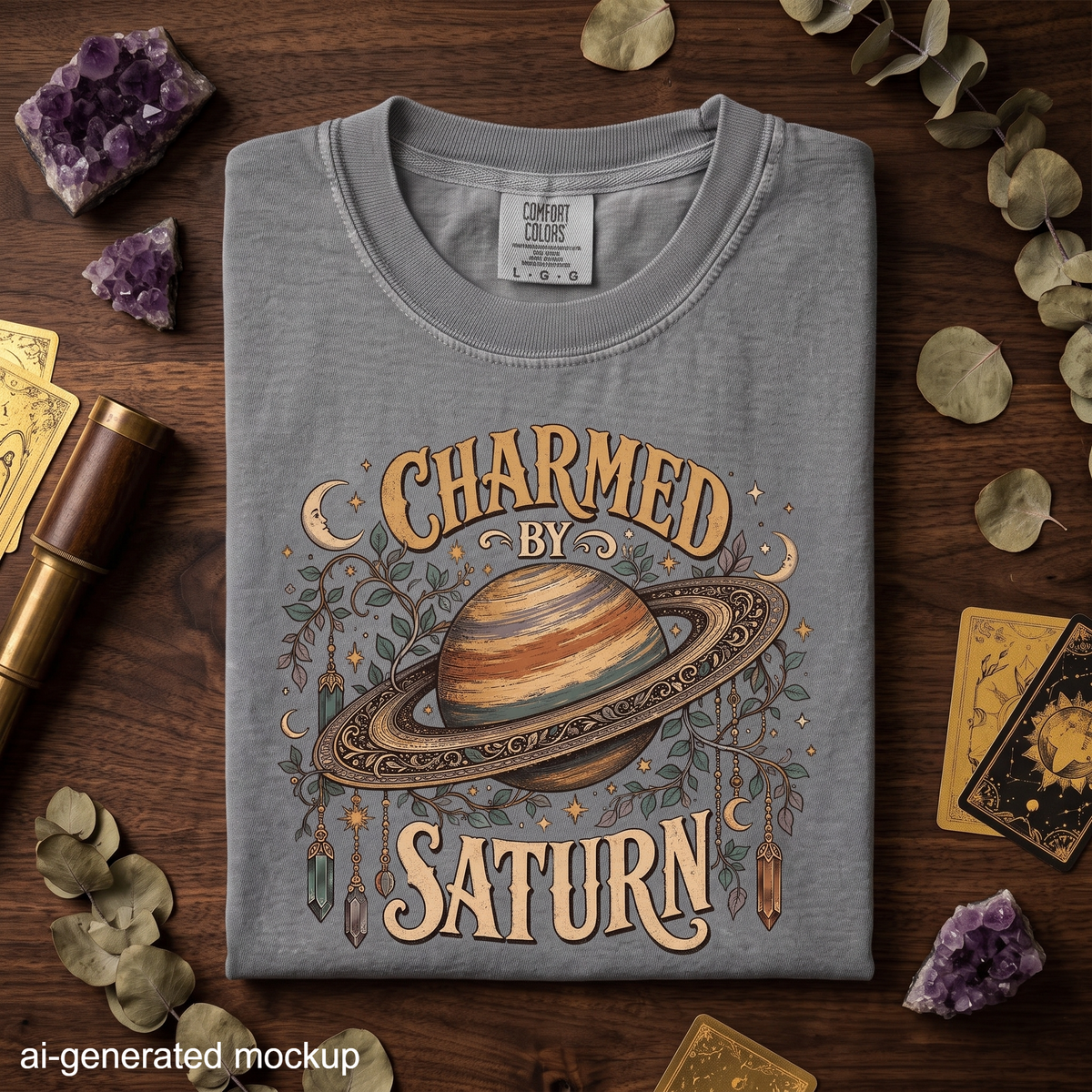 Charmed by Saturn T-Shirt - Celestial Planet, Crystal & Botanical Design