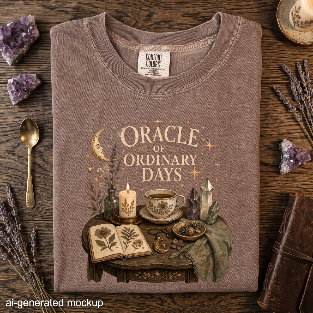Oracle of Ordinary Days T-Shirt - Cozy Celestial Tea, Candle & Crystal Design