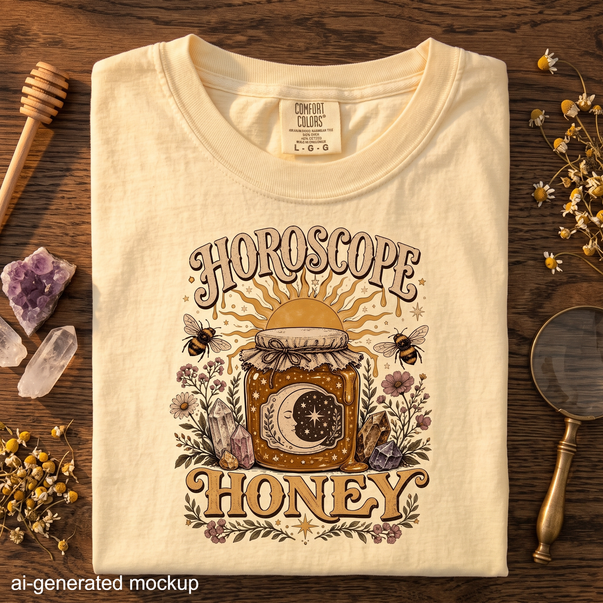 Horoscope Honey T-Shirt - Celestial Honey Jar, Bees & Crystal Design