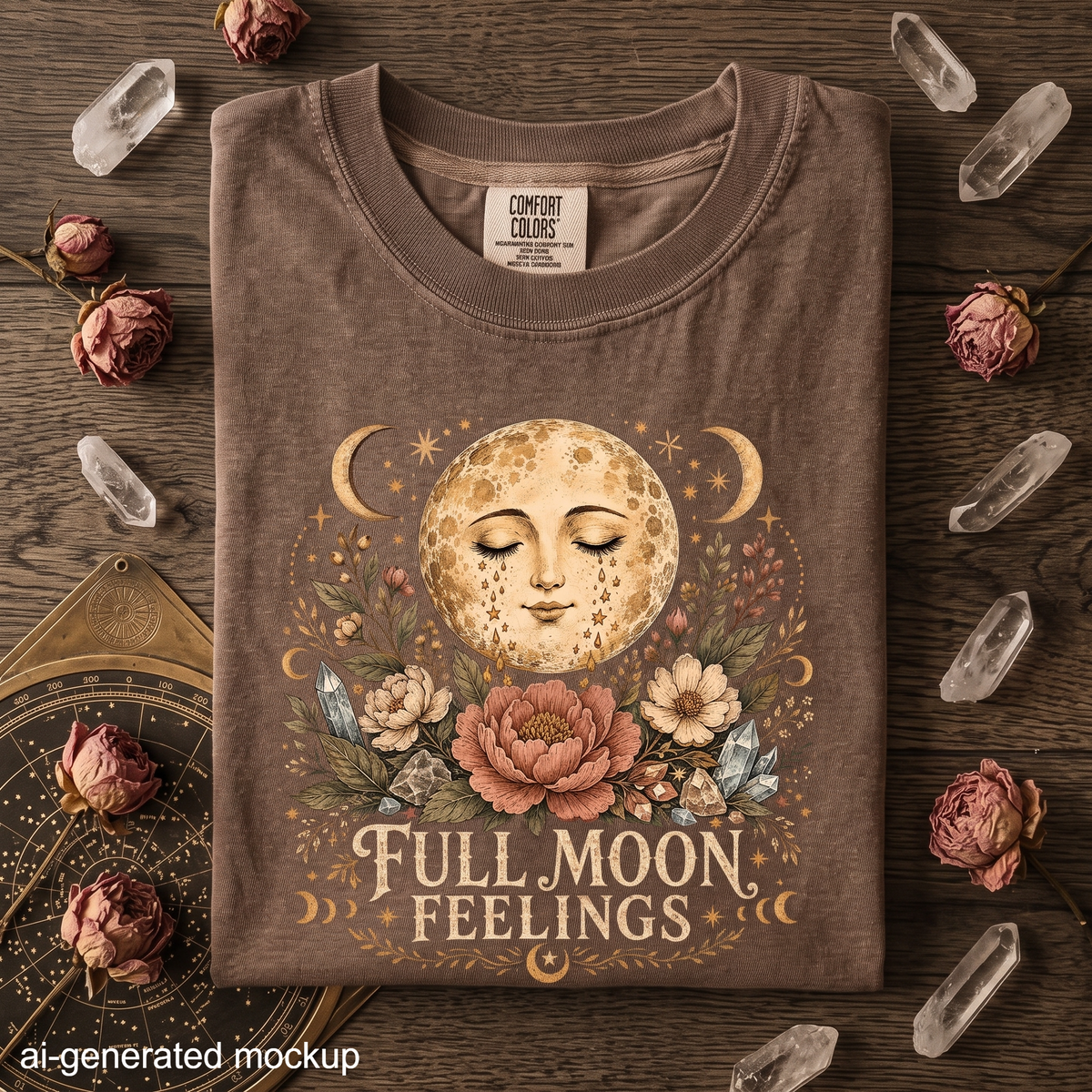 Full Moon Feelings T-Shirt - Floral Moon, Crystal & Celestial Botanical Design