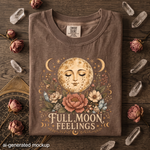 Full Moon Feelings T-Shirt - Floral Moon, Crystal & Celestial Botanical Design