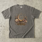Quiet Cosmos, Loud Heart T-Shirt - Crescent Moon, Flowers & Crystal Design
