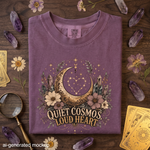 Quiet Cosmos, Loud Heart T-Shirt - Crescent Moon, Flowers & Crystal Design
