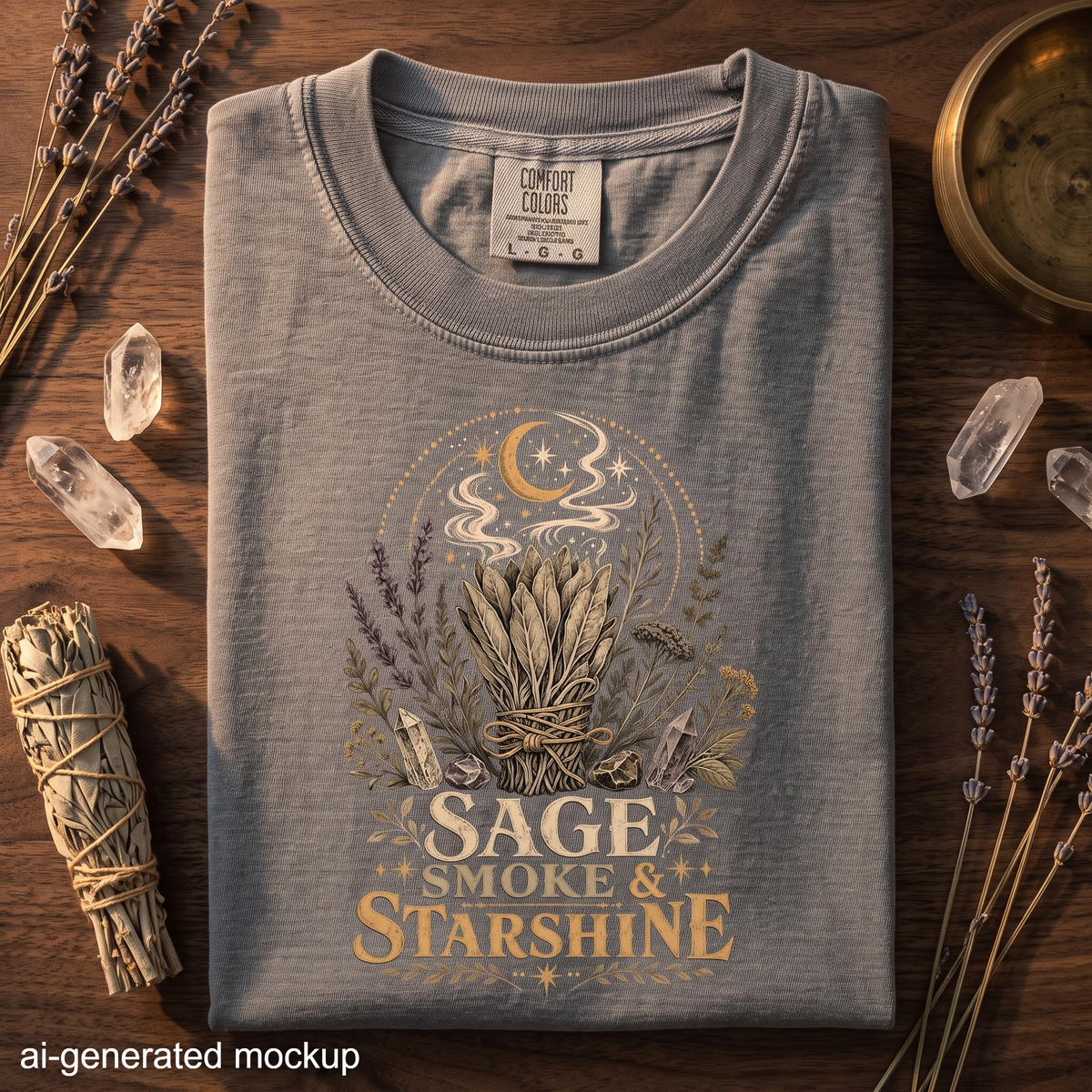Sage Smoke & Starshine T-Shirt - Botanical Herbs, Moon & Crystal Design