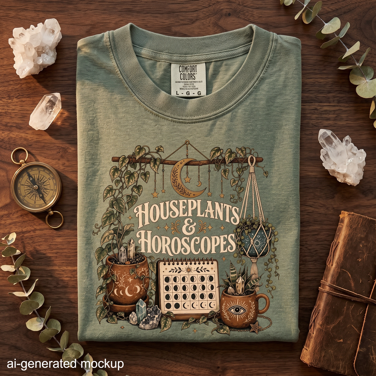 Houseplants & Horoscopes T-Shirt - Celestial Plants, Moon Phases & Astrology Design