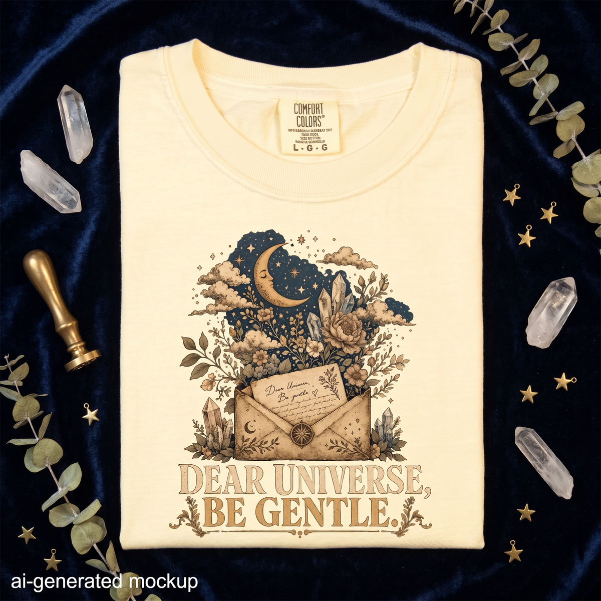 Dear Universe, Be Gentle T-Shirt - Celestial Letter, Moon & Botanical Crystal Design