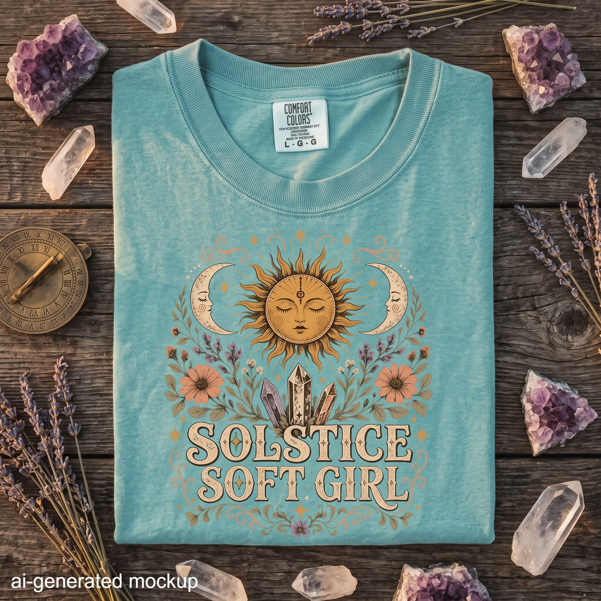 Solstice Soft Girl T-Shirt - Sun, Moon, Crystals & Floral Celestial Design