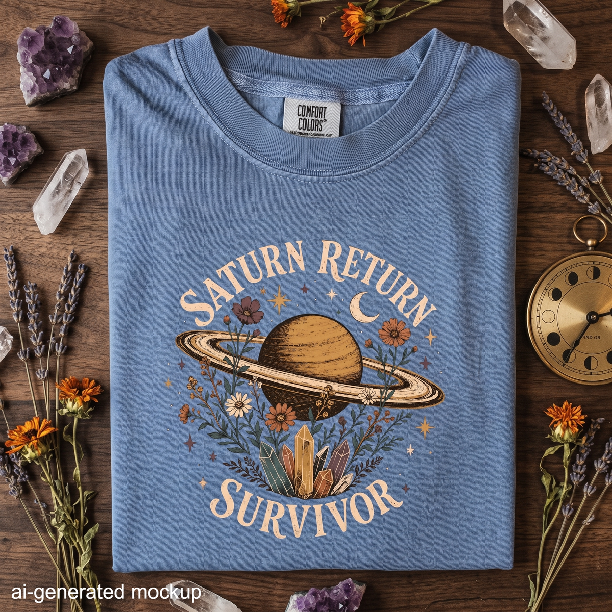 Saturn Return Survivor T-Shirt - Celestial Planet, Wildflower & Crystal Design
